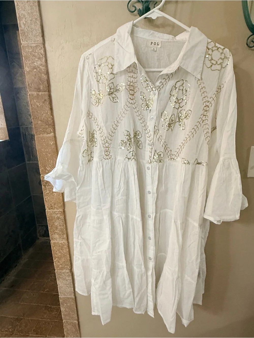 POL White Tiered Mini Dress with Gold Sequin Embroidery NWOT